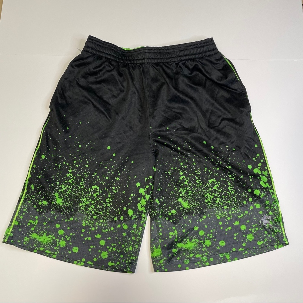 AND1 Boys XL/XG (14/16) Black Neon Green Paint Splatter Mesh Basketball Shorts